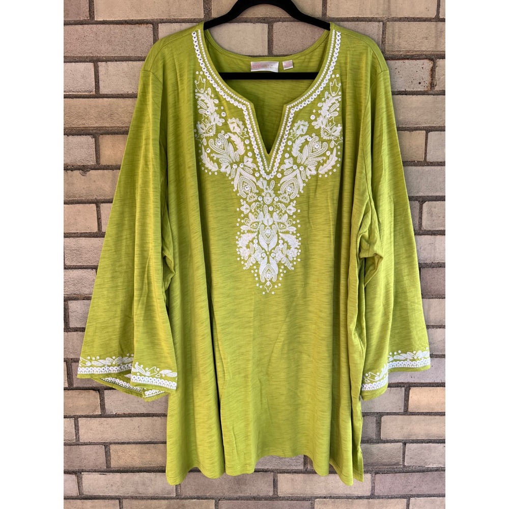 Belle by Kim Gravel Lime Green Embroidered Sequin V-Neck Tunic Top Size 5X